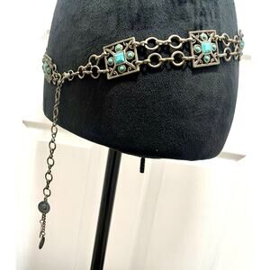 Cowgirl Boho Southwestern Metal Belt; Bronze Tone Blue Cabochons Panel Links 37"
